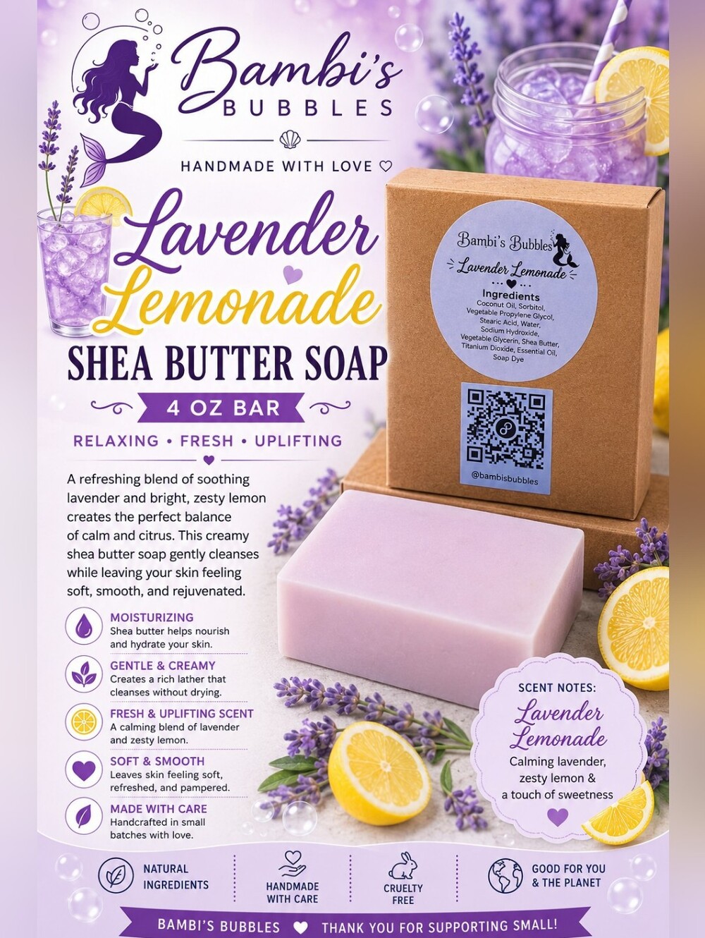 Its Back! Hand Crafted Lavender Lemonade Shea Butter Soap 4 oz